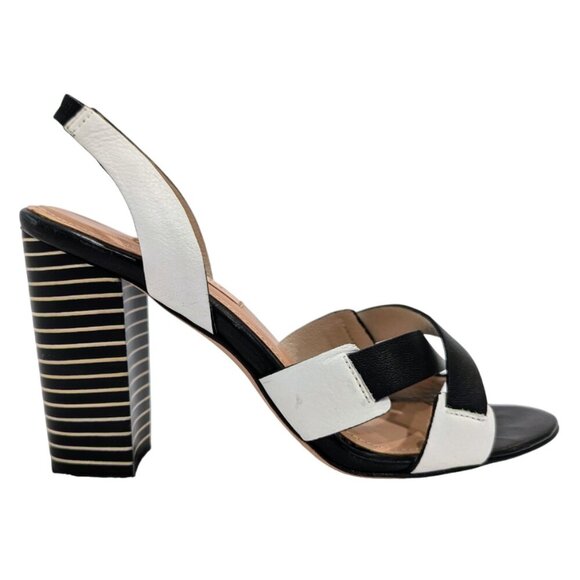 L'AGENCE Contrast Striped Heel Sandals 7.5 Black White Criss Cross Straps - Picture 3 of 12